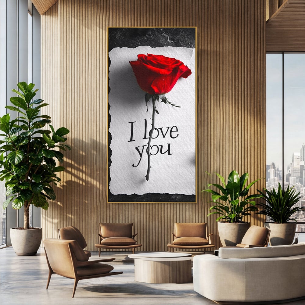 Tablou canvas cu tablou vertical cu trandafir rosu si mesaj, in rama de aluminiu auriu, pe perete intr-un birou